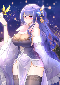1girl absurdres alternate_breast_size_(larger) alternate_costume alternate_hairstyle armpit_crease bare_shoulders black_thighhighs blunt_bangs blurry blurry_background blush bracelet breasts bug butterfly butterfly_on_hand cleavage commentary_request crystalfly_(genshin_impact) detached_sleeves earrings fan_hair_ornament genshin_impact glint hair_ornament head_tilt highres huge_breasts insect japanese_clothes jewelry long_hair long_sleeves looking_at_viewer looking_to_the_side no_mole purple_background purple_nails raiden_shogun shade shy sideboob standing thick_thighs thighhighs thighs upper_body wide_sleeves yae_miko yae_miko_(fox) zhihe_box