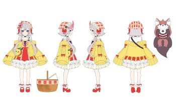 1girl absurdres alternate_costume blue_eyes butter_almond cardigan closed_mouth commentary commentary_request dress english_commentary frilled_dress frills grey_hair highres horns looking_at_viewer mixed-language_commentary neverness_to_everness red_dress red_shoes reference_sheet sakiri_(nte) shoes short_hair short_hair_with_long_locks sidelocks single_horn smile socks solo white_background white_socks yellow_cardigan