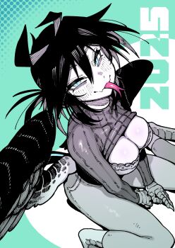 absurdres black_hair breasts cleavage crow-chan_(karasu_raven) fang forked_tongue highres karasu_raven long_tongue looking_at_viewer pants smile tagme tongue tongue_out