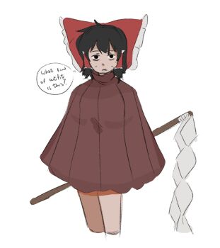 1girl black_eyes black_hair bow cape commentary cosplay cyanidegray english_commentary frilled_bow frilled_hair_tubes frills gohei hair_bow hair_tubes hakurei_reimu highres holding holding_gohei hollow_knight hollow_knight:_silksong hornet_(hollow_knight) hornet_(hollow_knight)_(cosplay) looking_at_viewer red_bow red_cape simple_background solo speech_bubble touhou white_background