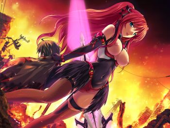 1boy 1girl :d asymmetrical_legwear black_cape black_gloves blue_eyes breastless_clothes breasts breasts_out brown_hair cameltoe cape choukou_(alicesoft) choukou_tenshi_escalayer corruption covered_navel dark_persona dutch_angle elbow_gloves escalayer fire fishnet_thighhighs fishnets floating_hair game_cg garter_straps gloves hair_between_eyes holding kouenji_sayuka large_breasts leotard long_hair looking_at_viewer nipples non-web_source official_art onigirikun open_mouth outdoors panties power_lines red_hair red_leotard red_panties ruins smile solo_focus standing sword thigh_strap thighhighs twintails underwear utility_pole very_long_hair weapon wings