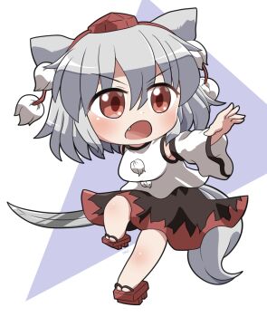 1girl animal_ears bare_shoulders black_skirt blush breasts chibi chibi_only commentary_request detached_sleeves fang full_body geta grey_hair hair_between_eyes hat highres holding holding_sword holding_weapon inubashiri_momiji long_sleeves open_mouth pom_pom_(clothes) red_eyes red_hat red_sandals red_skirt rokugou_daisuke sandals shirt short_hair signature skirt sleeveless sleeveless_shirt solo sword tail tokin_hat touhou two-tone_skirt v-shaped_eyebrows weapon white_shirt white_sleeves wide_sleeves wolf_ears wolf_girl wolf_tail