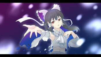 Rule 34 | 1girl, absurdres, alternate color, ascot, black hair, bow, commentary, concealed the conclusion, crying, crying with eyes open, detached sleeves, edsky0309, frilled bow, frilled hair tubes, frills, hair bow, hair tubes, hakurei reimu, highres, long hair, looking at viewer, midriff, navel, open mouth, red eyes, ribbon-trimmed sleeves, ribbon trim, skirt, solo, tears, touhou, upper body, white ascot, white bow, white skirt