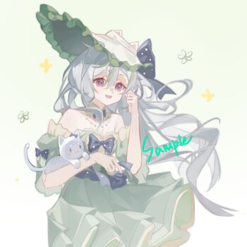 Rule 34 | 1girl, animal, bow, cat, choker, dress, flower, frills, green choker, green dress, grey hair, hair between eyes, hat, hat bow, hat ornament, large hat, liu letian, long hair, looking afar, off-shoulder dress, off shoulder, open mouth, original, purple eyes, sample watermark, short sleeves, solo, watermark, white background, white cat
