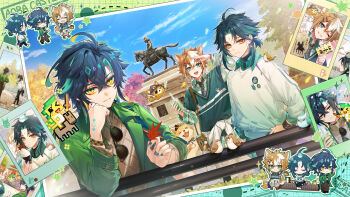 Rule 34 | 3boys, ajaw (genshin impact), alternate costume, animal ears, bird, blue eyes, blue sky, brown hair, camera, charm (object), chibi, chibi inset, closed eyes, closed mouth, collared shirt, crossed bangs, cup, day, dog boy, dog ears, dog tail, earrings, eyewear hang, facial mark, forehead mark, genshin impact, gorou (genshin impact), green eyes, green jacket, hair ornament, hairclip, highres, holding, holding cup, holding leaf, jacket, jewelry, kinich (genshin impact), leaf, male focus, matori (penguin batake), multicolored hair, multiple boys, necktie, one eye closed, open mouth, orange eyes, outdoors, photo (object), shirt, sky, star (symbol), statue, sunglasses, sweater vest, tail, unworn eyewear, white hair, xiao (bird) (genshin impact), xiao (genshin impact), yellow eyes