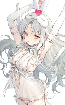 1girl :o adversarial_noise animal_ears armpits arms_up artist_name babydoll breasts character_request commentary_request copyright_request cowboy_shot detached_sleeves fake_animal_ears grey_hair heart heart_o-ring highres lingerie long_hair long_sleeves mask mask_on_head navel o-ring panties parted_bangs parted_lips rabbit_ears side-tie_panties signature siiqa_vivi simple_background small_breasts solo standing string_panties underwear white_babydoll white_background white_panties white_sleeves yellow_eyes