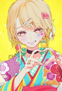 1girl 2026 aegyo_sal black_choker blonde_hair blue_kimono blush bow_ring choker colorful commentary_request earrings eyelashes facial_mark floral_print floral_print_kimono grin hair_ornament hairclip heart heart_hands heart_in_eye highres japanese_clothes jewelry kanzashi kimono long_sleeves looking_at_viewer multicolored_eyes multicolored_kimono nail_art nail_polish obiage open_mouth original parallel_hairclips pink_eyes pink_lips pink_nails pom_pom_(clothes) pom_pom_earrings print_kimono purple_kimono ring short_hair signature smile solo swept_bangs symbol_in_eye syuri22 two-tone_eyes upper_body yellow_background yellow_eyes