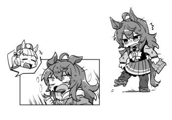 Rule 34 | +++, 2girls, ^^^, ahoge, anger vein, animal ears, beanie, beer hsk, bow, chibi, clenched hand, closed eyes, commentary request, damaged, ear bow, ear covers, gold ship (umamusume), greyscale, hair between eyes, hat, holding, holding unworn clothes, holding unworn hat, horse ears, horse girl, horse tail, long sleeves, messy hair, mini hat, monochrome, multiple girls, nakayama festa (umamusume), open mouth, pants, pants under skirt, pleated skirt, puffy long sleeves, puffy sleeves, school uniform, shirt, shoes, skirt, striped clothes, striped headwear, tail, tracen school uniform, track pants, umamusume, unworn hat, unworn headwear, v-shaped eyebrows, vertical-striped clothes, vertical-striped headwear, white background