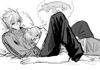 baby_animal bed_sheet between_legs black_pants blush cat closed_eyes cloud_strife cuddling eyelashes final_fantasy final_fantasy_vii final_fantasy_vii:_ever_crisis hand_on_another's_head highres kitten looking_at_another lying lying_on_person male_focus norgeehotpot on_back on_bed on_stomach pants pillow sephiroth sephiroth_(ever_crisis) shirt short_hair sleeping thinking yaoi