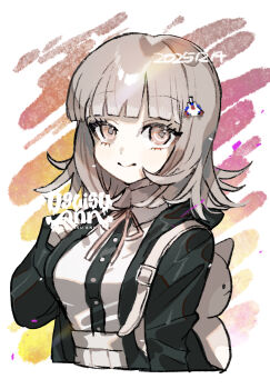 1girl animal_bag artist_name black_shirt breasts brown_hair cat_bag collared_shirt commentary_request danganronpa_(series) danganronpa_2:_goodbye_despair dated flipped_hair hair_ornament hand_up highres hood jacket long_sleeves looking_at_viewer medium_hair nanami_chiaki neck_ribbon open_clothes open_jacket pink_bag pink_eyes pink_ribbon ribbon shirt shirt_tucked_in skirt smile solo two-tone_shirt uguisu_ann white_background white_shirt