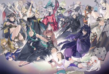 4boys 6+girls ;d aak_(arknights) angelina_(arknights) animal_ears arknights arm_up armor arms_up artist_self-insert bandeau bare_arms bare_shoulders beard black_footwear black_gloves black_hair black_jacket black_pants black_sash black_shirt blaze_(arknights) blemishine_(arknights) blonde_hair blue_hair blue_headwear blue_shorts breastplate brown_hair cellphone ceobe_(arknights) ch'en_(arknights) chinese_commentary clenched_hand clothing_cutout commentary_request crop_top crop_top_overhang dog_ears dress eunectes_(arknights) eyjafjalla_(arknights) facial_hair fox_ears furry furry_male gloves green_dress green_hair grey_shirt grin hairband hannya_(arknights) hao_guangze_yu hellagur_(arknights) highres holding holding_phone holding_staff horns hoshiguma_(arknights) ifrit_(arknights) jacket japanese_clothes kal'tsit_(arknights) kimono long_hair long_sleeves midriff mountain_(arknights) multiple_boys multiple_girls mustache navel navel_cutout nian_(arknights) nightingale_(arknights) official_alternate_costume one_eye_closed open_clothes open_jacket open_mouth pants phone pointy_ears purple_kimono red_dress red_eyes red_hairband saga_(arknights) saria_(arknights) sash sharp_teeth shield shirt shoes short_hair shorts silver_hair silverash_(arknights) single_horn skadi_(arknights) skadi_the_corrupting_heart_(arknights) smartphone smile snake_tail snow_leopard_ears staff stomach strapless tail teeth tube_top twintails w_(arknights) white_jacket white_shirt wide_sleeves