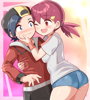 1boy 1girl ahoge ass baseball_cap blue_eyes blue_hair blush breast_press breasts cougar_(cougar1404) denim denim_shorts hair_ornament hairclip hat hug large_breasts long_hair low_ponytail low_twintails nintendo open_mouth pink_hair pokemon pokemon_hgss ponytail red_eyes shirt short_shorts shorts sideboob smile sweatdrop twintails whitney_(pokemon)