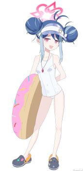 1girl absurdres antenna_hair black_shoes blue_archive blue_hair breasts chamomile_no_ha crocs donut_innertube double_bun fubuki_(blue_archive) fubuki_(swimsuit)_(blue_archive) full_body hair_bun halo highres innertube multicolored_hair official_alternate_costume one-piece_swimsuit pink_halo red_eyes school_swimsuit shoes simple_background small_breasts smile solo standing swim_ring swimsuit visor_cap whistle whistle_around_neck white_background white_one-piece_swimsuit