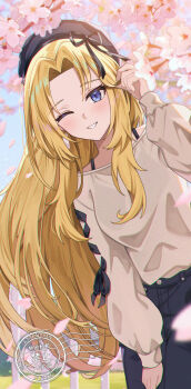 1girl absurdres alpha_(kage_no_jitsuryokusha_ni_naritakute!) black_hair black_pants black_ribbon blonde_hair blue_eyes blurry blurry_foreground cherry_blossoms day grin highres kage_no_jitsuryokusha_ni_naritakute! leaning_forward long_hair looking_at_viewer matsumoto_yuu one_eye_closed outdoors pants ribbon smile solo standing sweater very_long_hair white_sweater