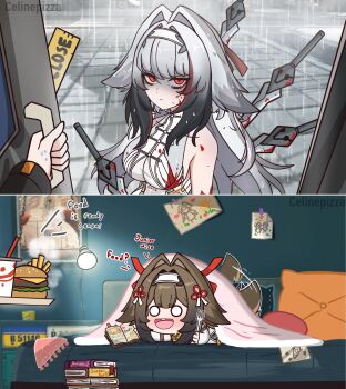 1girl :d absurdres afterimage alternate_form bags_under_eyes bed blanket blood blood_on_clothes blood_on_face blood_on_hands book breasts brown_hair burger celinepizza chibi china_dress chinese_clothes commentary cup day disposable_cup dress empty_eyes english_commentary english_text food fork gradient_hair hair_intakes hair_ornament headband highres horse_girl long_hair looking_at_viewer medium_breasts motion_lines multicolored_hair multiple_swords o_o on_bed open_mouth pillow pov pov_hands rain red_eyes smile streaked_hair tail tail_wagging under_covers very_long_hair water wet wet_face wet_hair white_hair ye_shunguang zenless_zone_zero