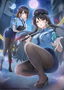 2girls aged_up alternate_costume aono_ruri_(niwata0) belt black_belt black_hair black_pantyhose black_shoes bloody_handprints blue_hat blue_necktie blue_shirt blue_skirt breasts brown_hair building caution_tape city clipboard collared_shirt commentary_request earpiece full_body full_moon ghost handprint hat high_heels highres holding holding_baton_(weapon) holding_clipboard large_breasts leaning_forward long_hair moon multiple_girls necktie night niwata0 offering_hand open_mouth original outdoors over_shoulder pantyhose pencil_skirt police police_uniform policewoman pumps shirt shoes short_hair signature skirt squatting standing suou_akane_(niwata0) traffic_cone twitter_username very_long_hair weapon weapon_over_shoulder yellow_eyes