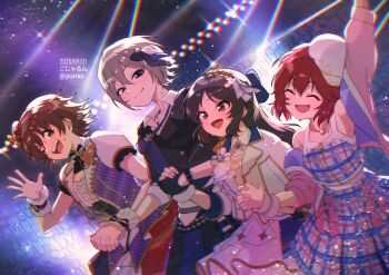 4girls ^_^ artist_name black_gloves black_hair brown_hair closed_eyes commentary_request dated dress frilled_wristband gloves gojarun grey_hair highres holding_hands honda_mio idol_clothes idolmaster idolmaster_cinderella_girls idolmaster_cinderella_girls_starlight_stage looking_ahead looking_at_viewer multiple_girls murakami_tomoe official_alternate_costume plaid_clothes plaid_dress red_hair shiomi_syuko smile stage stage_lights tachibana_arisu twitter_username