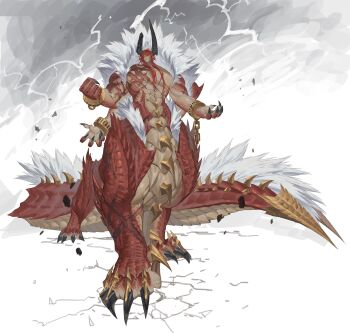 Rule 34 | 1boy, black horns, black sclera, broken horn, centauroid, chain, claws, colored sclera, colored skin, crack, cracked floor, cuffs, dark-skinned male, dark skin, dragon boy, dragon horns, dragon tail, extra arms, full body, grey background, grin, hands up, highres, horns, large pectorals, leviair, lightning, long hair, looking at viewer, male focus, monster boy, multicolored skin, muscular, muscular male, original, overcast, pectorals, pointy ears, red hair, red scales, red skin, scales, scar, scar on arm, scar on chest, scar on face, scar on mouth, shackles, sharp teeth, sidelocks, sky, smile, solo, standing, tail, taur, teeth, white background, white fur, yellow eyes