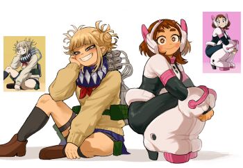 2girls belt black_bodysuit black_socks blonde_hair blue_sailor_collar blue_skirt blush_stickers bodysuit boku_no_hero_academia boots breasts brown_eyes brown_hair cardigan closed_mouth derivative_work fang female_focus grin hand_on_own_cheek hand_on_own_face hero_outfit_(mha) looking_at_viewer matching_hair/eyes medium_breasts miauiz miniskirt multicolored_bodysuit multiple_girls neckerchief official_art pink_bodysuit red_neckerchief reference_inset sailor_collar school_uniform serafuku shoes short_hair sidelocks skin_tight skirt smile socks superhero_costume thigh_strap toga_himiko uraraka_ochako uraraka_ochako_(hero_outfit) white_background white_bodysuit yellow_cardigan yellow_eyes