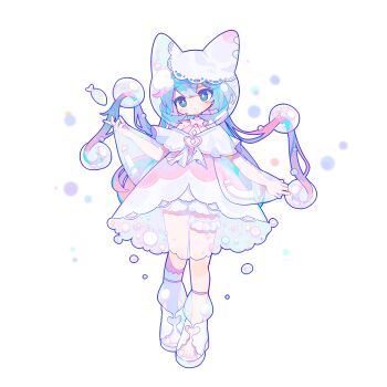 1girl absurdres animal_ear_helmet animal_ears_helmet animal_helmet aqua_eyes aqua_hair bare_shoulders blue_hair bright_pupils cat_helmet closed_mouth commentary_request commission dot_nose dress expressionless fish floating_hair flying_fish full_body hand_up head_tilt highres iridescent long_hair long_sleeves multicolored_hair no_socks off-shoulder_dress off_shoulder original pink_dress pink_hair puffy_long_sleeves puffy_sleeves second-party_source see-through_clothes see-through_skirt_layer see-through_sleeves shoes shorts simple_background skeb_commission soap_bubbles solo thigh_strap uenomigi very_long_hair white_background white_pupils white_shoes white_shorts