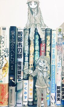 2girls artist_request book chito_(shoujo_shuumatsu_ryokou) full_body helmet highres jacket long_sleeves mini_person minigirl multiple_girls pants paper_child photo_(medium) shoes shoujo_shuumatsu_ryokou sitting standing yuuri_(shoujo_shuumatsu_ryokou)