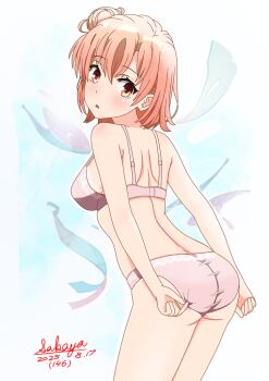 Rule 34 | 1girl, adjusting clothes, adjusting panties, ass, back, bra, breasts, commentary request, dated, medium breasts, orange eyes, orange hair, panties, parted lips, pink bra, pink panties, sakayaya, short hair, solo, thighs, underwear, yahari ore no seishun lovecome wa machigatteiru., yuigahama yui