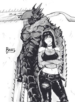 1boy 1girl alternate_costume angry artist_name bare_shoulders belt black_hair black_pants black_tank_top chainsaw chainsaw_devil chainsaw_man choker clenched_teeth crop_top cross_scar crossed_arms denji_(chainsaw_man) emo_fashion facial_scar facing_to_the_side fishnets highres intestine_clothing intestines jewelry midriff monochrome navel necklace organs pants ringed_eyes rosary scar scar_on_cheek scar_on_face scar_on_nose scarf sharp_teeth simple_background spanish_commentary spiked_choker spikes tank_top teeth victorbalgitt white_background yoru_(chainsaw_man)