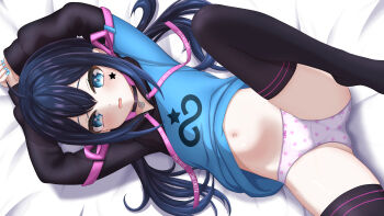 1girl absurdres arms_up azunyart black_thighhighs blue_eyes blue_hair blue_nails blush bow bow_panties closed_mouth crotch_seam foot_out_of_frame highres hood hoodie indie_virtual_youtuber loli long_hair long_sleeves lying midriff mugen_mochi multicolored_hoodie nail_polish navel no_pants on_back on_bed panties print_panties smile solo split_mouth star_(symbol) star_panties star_print star_sticker sticker sticker_on_face thighhighs underwear variant_set virtual_youtuber white_panties