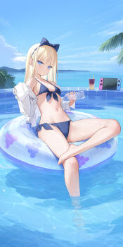 1girl afloat bare_legs bare_shoulders barefoot bikini blonde_hair blue_bikini blue_eyes blush bottle breasts closed_mouth collarbone crossed_legs feet front-tie_bikini_top front-tie_top hair_ribbon hairband handheld_game_console highres hikikomori-chan_(mignon) hip_bones holding holding_bottle innertube long_hair long_sleeves looking_at_viewer mignon navel nintendo_switch off_shoulder on_innertube open_clothes open_shirt original outdoors plastic_bottle pool ribbon shiny_skin shirt side-tie_bikini_bottom sitting sleeves_past_fingers sleeves_past_wrists small_breasts soaking_feet solo stomach swim_ring swimsuit toes water water_bottle wet white_shirt