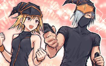 1boy 1girl :d ^_^ bare_shoulders black_shirt blonde_hair breasts character_request closed_eyes commentary_request controller copyright_request game_controller grey_hair hair_over_one_eye highres holding holding_controller holding_game_controller joy-con medium_breasts one_eye_covered open_mouth orange_eyes pink_background shirt short_hair short_sleeves sleeveless sleeveless_shirt smile sparkle teeth upper_body upper_teeth_only yukitake_(bullfalk)