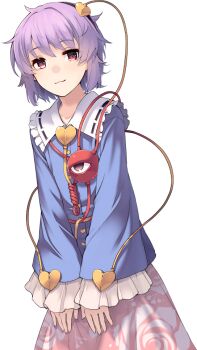 1girl :3 blue_shirt buttons closed_mouth collared_shirt contrast_collar eho_(icbm) eyeball floral_print frilled_shirt_collar frilled_sleeves frills game_cg hair_ornament heart heart_button heart_hair_ornament komeiji_satori labyrinth_of_touhou_(series) labyrinth_of_touhou_tri long_sleeves looking_at_viewer non-web_source official_art pink_eyes pink_hair pink_skirt print_skirt ribbon-trimmed_collar ribbon_trim rose_print shirt short_hair skirt smile solo third_eye touhou transparent_background wide_sleeves