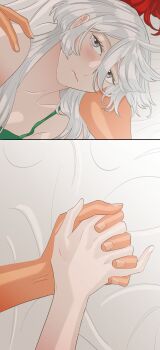 2girls absurdres camisole commentary_request dark-skinned_female dark_skin green_camisole grey_eyes gundam gundam_suisei_no_majo hand_on_another&#039;s_shoulder highres holding_hands interlocked_fingers korean_commentary long_hair miorine_rembran multiple_girls red_hair snapagi suletta_mercury white_hair yuri