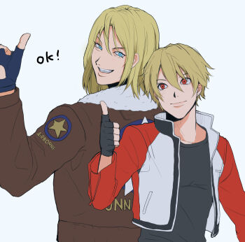 Rule 34 | 2boys, black shirt, blonde hair, blue eyes, blue gloves, bomber jacket, brown jacket, closed mouth, commentary request, cropped jacket, fatal fury, fingerless gloves, fur-trimmed jacket, fur trim, garou: mark of the wolves, gloves, grin, hair between eyes, highres, jacket, looking at another, male focus, medium hair, multiple boys, nahogiisio, red eyes, rock howard, shirt, short hair, simple background, smile, terry bogard, thumbs up, white background