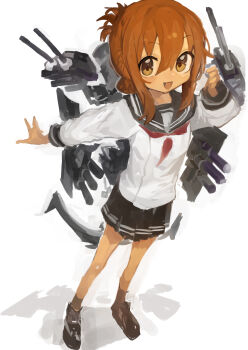 1girl absurdres black_sailor_collar black_shoes black_skirt brown_eyes brown_hair commentary folded_ponytail hair_between_eyes highres inazuma_(kancolle) kaamin_(mariarose753) kantai_collection long_sleeves looking_at_viewer neckerchief open_mouth pleated_skirt red_neckerchief rigging sailor_collar school_uniform serafuku shoes simple_background skirt socks solo standing white_background