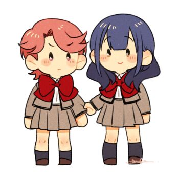 +_+ 2girls black_socks blue_hair blush_stickers bow bowtie brown_eyes brown_shoes c: chibi chibi_only closed_mouth clothes_grab collared_shirt commentary_request curtained_hair double-parted_bangs full_body grabbing_another's_sleeve grey_jacket grey_skirt hanayagi_kaoruko isurugi_futaba jacket kneehighs komuzuka light_frown medium_hair miniskirt multiple_girls open_clothes open_jacket pink_hair pleated_skirt purple_eyes red_bow red_bowtie school_uniform seishou_music_academy_uniform shirt shirt_tucked_in shoes short_hair shoujo_kageki_revue_starlight side-by-side signature simple_background skirt smile socks solid_oval_eyes standing v-shaped_eyebrows white_background white_shirt