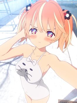 +_+ 1girl 3d animal_print armpits blender_(medium) blonde_hair blush breasts casual_one-piece_swimsuit cat_print cel_rendering cel_shading chinese_commentary covered_navel day drain_(object) feet_out_of_frame flower hair_flower hair_ornament hand_in_own_hair highres lifeguard_tower looking_at_viewer medium_breasts medium_hair mixed-language_commentary multicolored_eyes multicolored_hair one-piece_swimsuit orange_hair outdoors pool ribbon rinne_(rinrinne) rinrinne rinrinne39_(artist) selfie short_twintails small_breasts solo streaked_hair swimsuit twintails virtual_youtuber white_one-piece_swimsuit