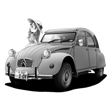 Rule 34 | 1girl, :3, belt, car, citroen, citroen 2cv, commentary request, elbow gloves, elbow rest, flower, glasses, gloves, greyscale, hat, hat flower, highres, kazuka tokio, license plate, long hair, looking at viewer, looking back, monochrome, motor vehicle, original, rose, shirt, simple background, skirt, solo, standing, sun hat, vehicle focus, wavy hair, white background