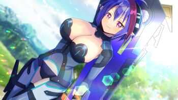 1girl blue_sky blurry blurry_background bodysuit breasts cleavage closed_mouth cloud cloudy_sky collarbone commentary_request commission day depth_of_field grey_bodysuit groin hair_between_eyes honeycomb_(pattern) kou_hiyoyo large_breasts looking_at_viewer outdoors phantasy_star phantasy_star_online_2 pointy_ears purple_eyes purple_hair skeb_commission sky smile solo