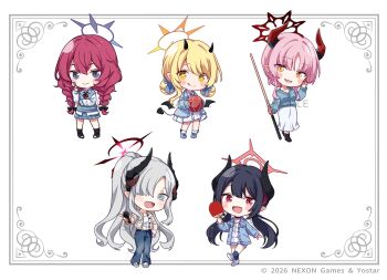 Rule 34 | 5girls, :d, :q, ball, black boots, black bow, black hair, black horns, black socks, blonde hair, blue archive, blue cardigan, blue jacket, blue pants, blue shorts, blue skirt, blue socks, blue sweater vest, blush stickers, boots, bow, braid, buttons, cardigan, chiaki (blue archive), closed mouth, collared dress, commentary request, copyright notice, double-parted bangs, dress, full body, gomano rio, grey eyes, grey hair, hair bow, hair over one eye, halo, highres, holding, holding ball, holding microphone, horns, ibuki (blue archive), iroha (blue archive), jacket, long hair, long sleeves, looking at viewer, low twintails, makoto (blue archive), microphone, multiple girls, official art, open clothes, open jacket, open mouth, pants, pink hair, pink halo, plaid clothes, plaid skirt, pleated skirt, pointy ears, red eyes, red hair, red halo, red horns, sample watermark, satsuki (blue archive), shirt, shoes, short hair, shorts, simple background, skirt, smile, socks, standing, sweater vest, tongue, tongue out, twin braids, twintails, watermark, white background, white dress, white jacket, white shirt, white shoes, white skirt, white socks, wings, yellow eyes, yellow halo