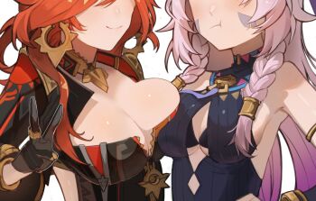 Rule 34 | 2girls, :t, asymmetrical docking, bare shoulders, black gloves, black jacket, black leotard, braid, breast press, breasts, citlali (genshin impact), cleavage, cleavage cutout, clothing cutout, cropped jacket, curryman (curryman06), eyes out of frame, facial mark, genshin impact, gloves, gradient hair, head out of frame, heattech leotard, jacket, large breasts, leotard, long hair, mavuika (genshin impact), medium breasts, multicolored hair, multiple girls, pink hair, pout, red hair, smile, turtleneck, twin braids, v, zipper pull tab