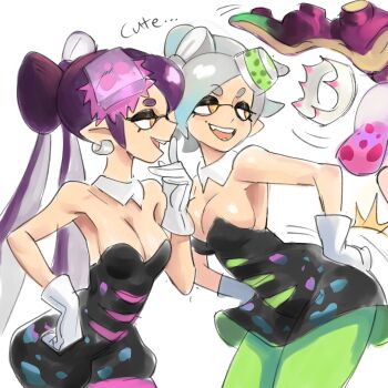 +_+ absurdres breasts callie_(splatoon) callie_(squid_sisters_outfit)_(splatoon) cleavage colo_(nagrolaz) cousins crown dark-skinned_female dark_skin detached_collar dress fangs food food_on_head gloves green_legwear highres hip_attack inkling large_breasts marie_(splatoon) marie_(squid_sisters_outfit)_(splatoon) marina_(splatoon) medium_breasts mole mole_under_eye multicolored_hair nintendo object_on_head octoling pantyhose pearl_(splatoon) pointy_ears short_jumpsuit smile splatoon_(series) splatoon_2 squid squidbeak_splatoon strapless strapless_dress sushi tentacle_hair unitard white_hair