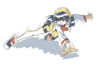 1girl ayan_ip bike_shorts black_hair earrings falling full_body green_eyes hat jacket jewelry kris_(pokemon) long_hair motion_blur nintendo open_clothes open_jacket open_mouth pokemon pokemon_adventures red_shirt shirt shoes solo spread_fingers star_(symbol) star_earrings twintails white_jacket yellow_hat