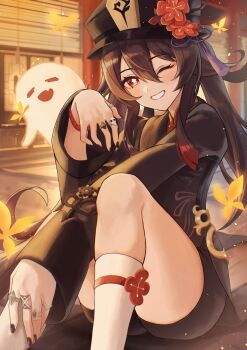 1girl absurdres black_hat black_nails blush boo_tao_(genshin_impact) brown_hair bug butterfly chinese_clothes flower flower-shaped_pupils genshin_impact ghost hal_aluha hat hat_flower hat_tassel highres hu_tao_(genshin_impact) indoors insect jewelry knees_up long_hair long_sleeves looking_at_viewer multiple_rings plum_blossoms porkpie_hat red_eyes ring shorts smile socks symbol-shaped_pupils twintails white_socks