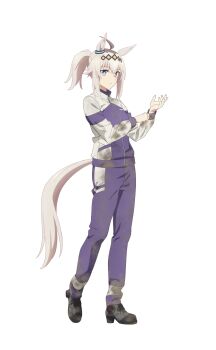 1girl ahoge animal_ears anime_coloring blue_eyes breasts closed_mouth dirty dirty_clothes dirty_feet dirty_hands ear_ornament full_body grey_hair grey_tail hair_between_eyes hairband hands_up highres horse_ears horse_girl horse_tail jacket kasamatsu_tracen_training_uniform long_sleeves medium_breasts miyahara_takuya mud multicolored_jacket official_art oguri_cap_(umamusume) pants purple_jacket purple_pants purple_shoes shoes sidelocks simple_background solo standing tail transparent_background two-tone_jacket umamusume umamusume:_cinderella_gray white_streaks