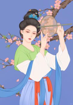 Rule 34 | 1girl, bad source, black eyes, black hair, blue background, branch, cherry blossoms, chinese clothes, earrings, eyeshadow, flower, hair bun, hair ornament, hand fan, hands up, hanfu, highres, holding, jewelry, long sleeves, looking at viewer, makeup, original, peach blossom, pink flower, realistic, red eyeshadow, red lips, red nails, shawl, simple background, single hair bun, solo, tanling ruqun, transparent fan, tuanshan, xiaye xingzhan