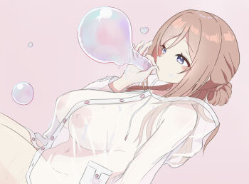 1girl blowing_bubbles blue_eyes blush breasts brown_hair gakuen_idolmaster groin hair_between_eyes hair_bun himesaki_rinami idolmaster large_breasts long_hair naked_raincoat navel nipples raincoat see-through_clothes see-through_raincoat sitting soap_bubbles solo syabadabado thighs