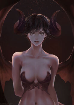 1girl arm_behind_back bare_shoulders black_hair breasts bustier caesty collarbone demon_girl demon_horns demon_wings eyelashes female_focus green_eyes horns lips looking_at_viewer medium_breasts navel original parted_lips short_hair solo upper_body wings
