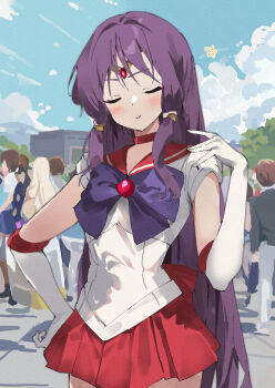 1boy 3girls blue_sky blush bow closed_eyes closed_mouth cloud commentary_request cosplay day elbow_gloves gloves hand_up highres lamb_(hitsujiniku) long_hair multiple_girls outdoors people pleated_skirt purple_bow purple_hair red_sailor_collar red_skirt sailor_collar shirt short_sleeves skirt sky solo_focus star_(symbol) very_long_hair vocaloid voiceroid white_gloves white_shirt yuzuki_yukari