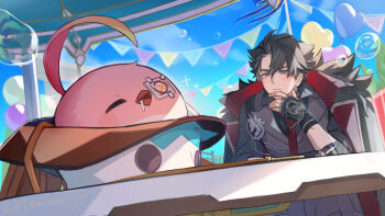 1boy arisuke_(natuyan) balloon bandaged_arm bandages bird black_coat black_gloves black_hair black_shirt blue_eyes blue_sky blush bubble cacucu_(genshin_impact) chain closed_eyes closed_mouth cloud coat coat_on_shoulders collared_shirt commentary_request cowboy_hat day eyepatch facial_scar fingerless_gloves fur-trimmed_coat fur_trim genshin_impact gloves grey_hair grey_vest hair_between_eyes hand_up hat highres male_focus medical_eyepatch multicolored_hair necktie one_eye_covered open_mouth outdoors parted_bangs red_necktie scar scar_on_arm scar_on_cheek scar_on_face shirt short_hair short_sleeves sky sleeping solo streaked_hair string_of_flags table two-sided_coat two-sided_fabric vest white_hat wriothesley_(genshin_impact)