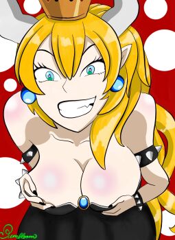 1girl armlet artist_name artist_request black_armlet black_armwear black_collar black_cuffs black_dress black_nail_polish black_nails black_wrist_cuffs blonde_hair blue_earrings blue_eyes body_blush bowsette bracelet breasts breast_focus cleavage clenched_teeth collar commission crown cuffs cupping_hands dress ear_piercing earrings ears eyelashes female_focus gold gold_crown green_eyes grey_trim grin hands_on_own_breasts heart heart-shaped_pupils highres horns jewelry large_breasts long_eyebrows long_eyelashes lower_teeth_only mario_(series) mega_milk mega_milk_(meme) mistrespumbloom new_super_mario_bros._u_deluxe nintendo original own_hands_together pierced_ears piercing pixiv pixiv_commission pixiv_username png_conversion pointy_ears ponytail red_background sharp_nail sharp_nails sharp_teeth shiny_clothes smile studded_armlet studded_bracelet studded_collar symbol-shaped_pupils teeth thick_eyebrows thick_eyelashes thin_eyebrows two_tone_background two_tone_eyes upper_teeth_only white_polka_dots wrist_cuff wrist_cuffs